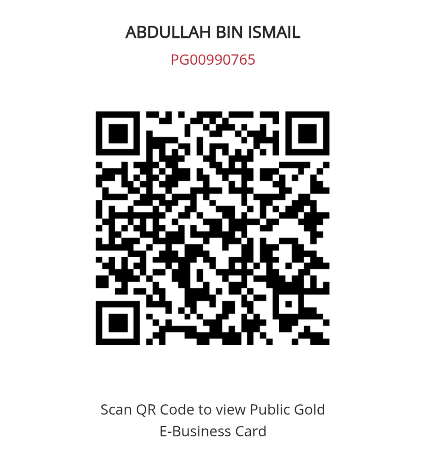Kod QR kad perniagaan elektronik Public Gold untuk dealer Abdullah bin Ismail, PG00990765